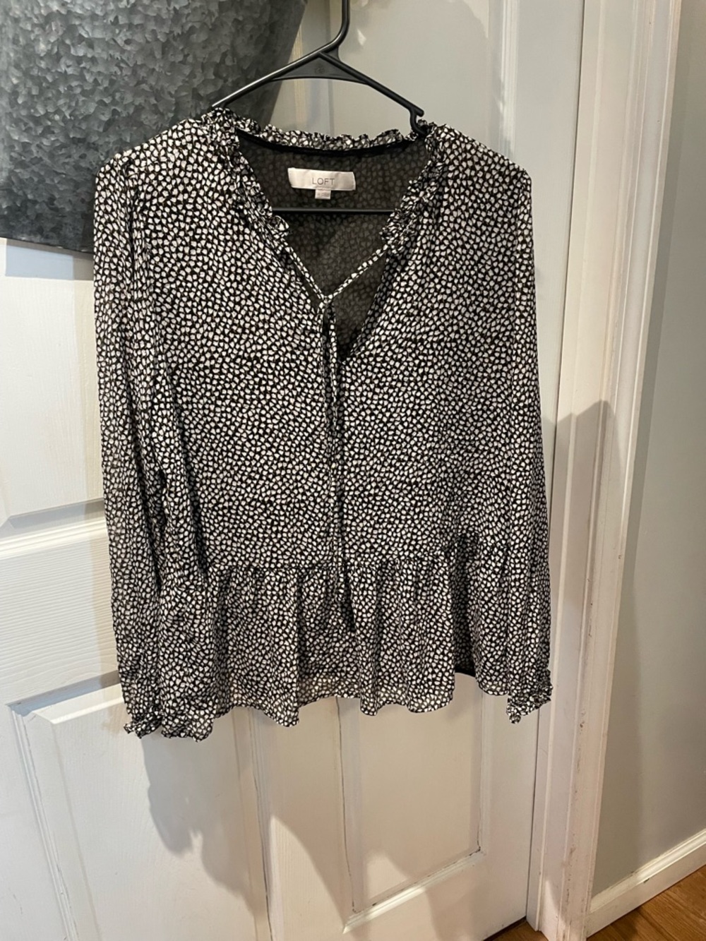 LOFT Black & White Dotted Flower Peplum Tie-Neck Blouse